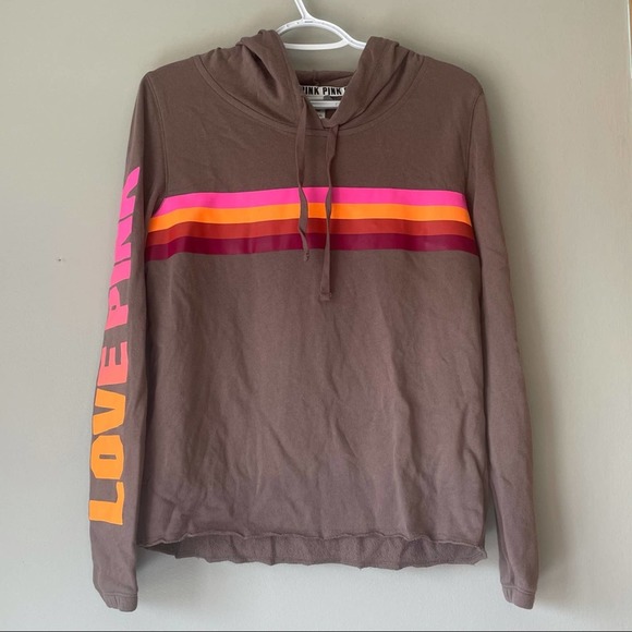PINK Victoria's Secret Tops - Pink Hooded Brown Sweatshirt Size Medium